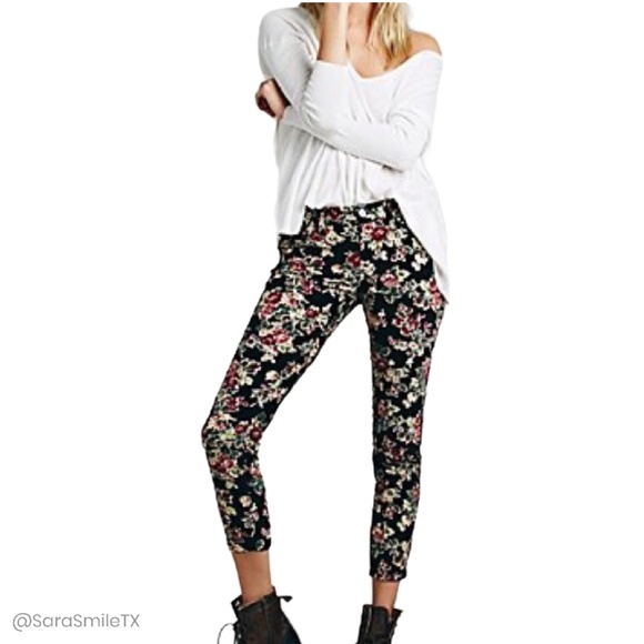 FREE PEOPLE Boho Autumn Floral Corduroy Skinny Pants - Picture 13 of 15